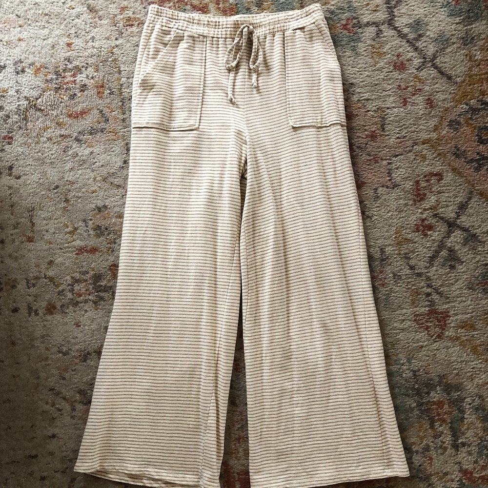Hem & Thread wide leg, pull-on stripe pants, cream/brown, size M.
